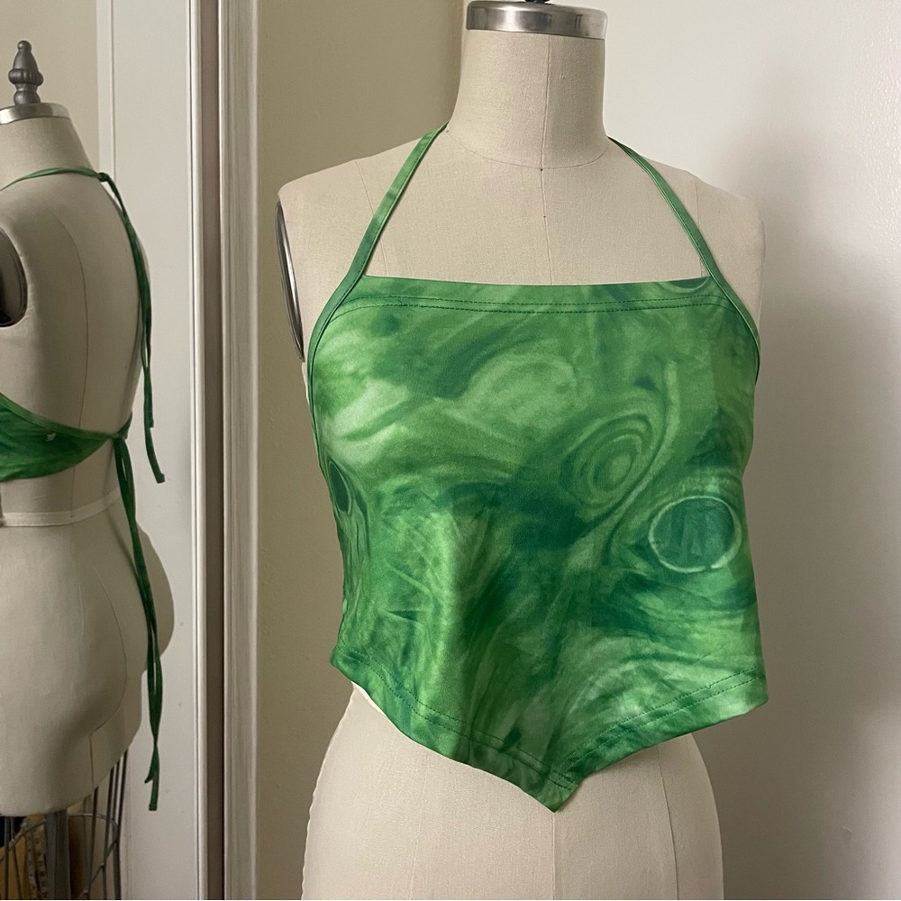 Green halter neck backless crop top with tie dye effect , size small